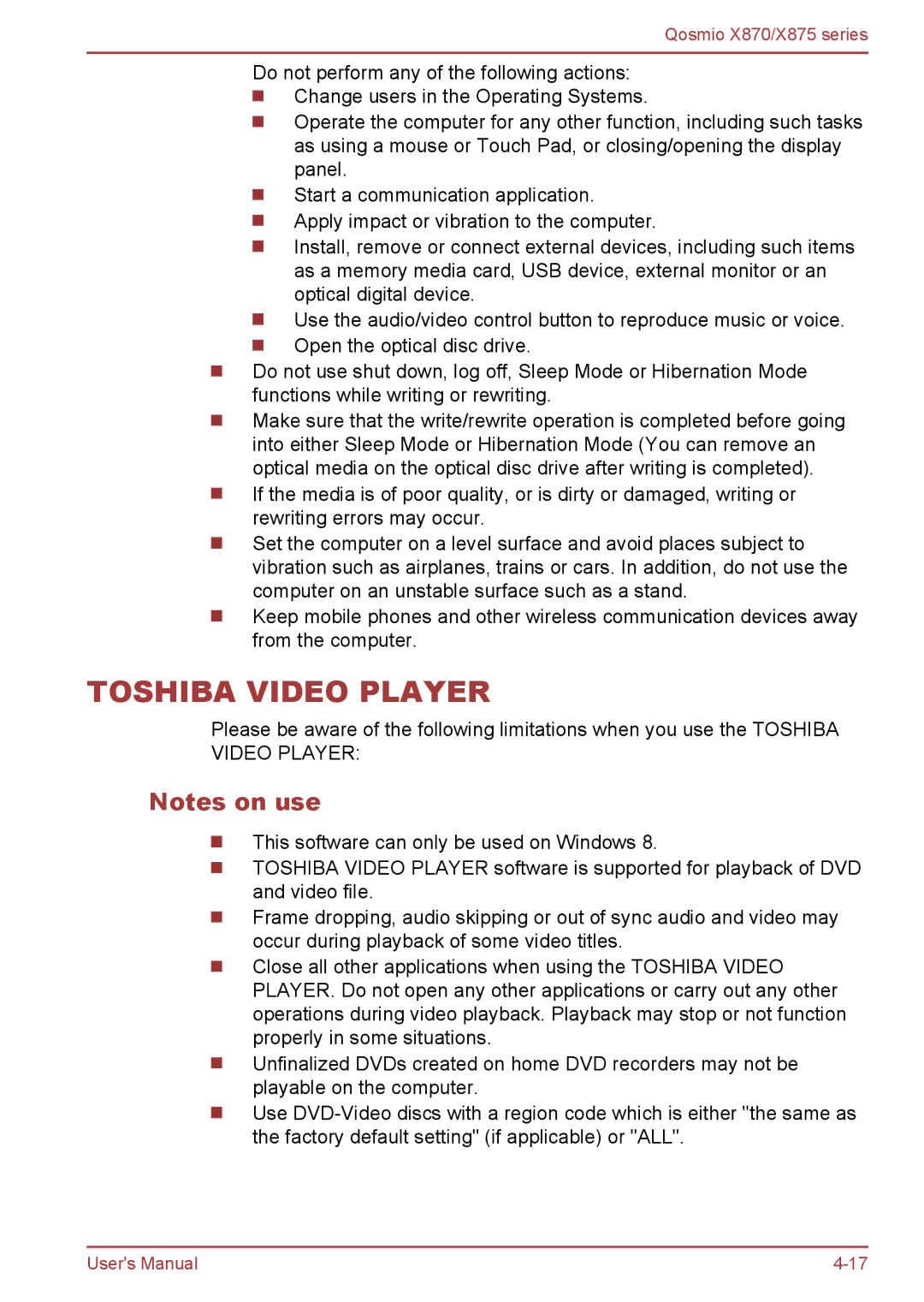 Toshiba X870, X875 user manual Toshiba Video Player 