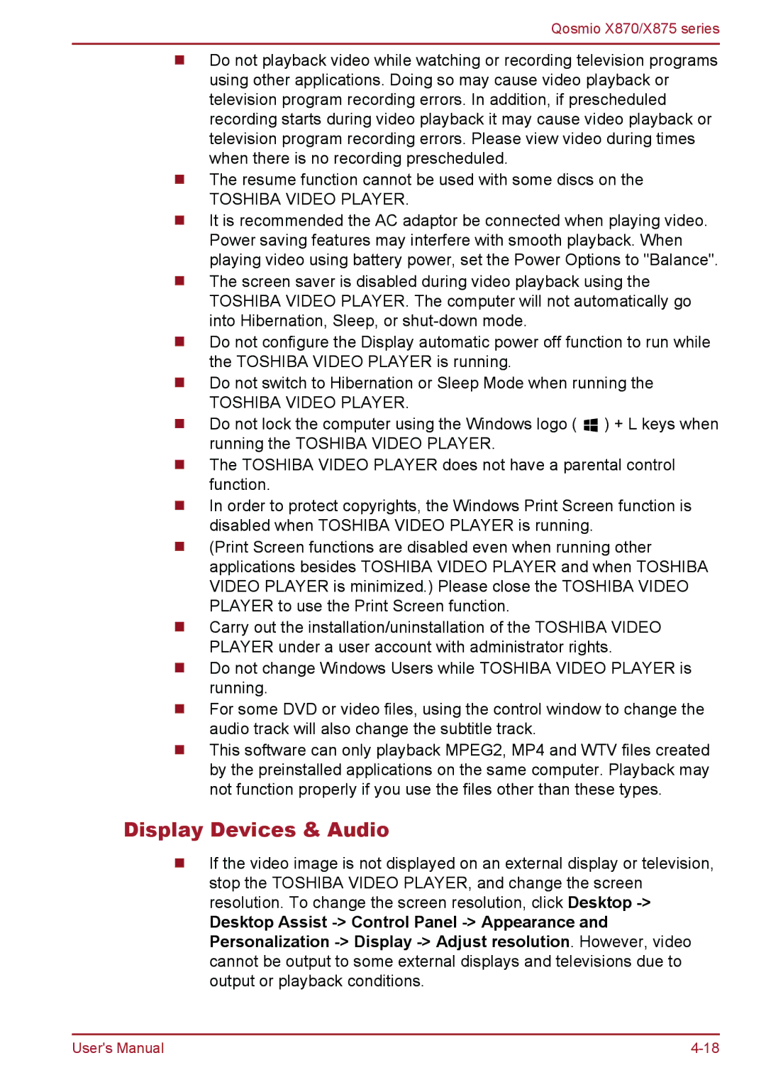 Toshiba X875, X870 user manual Display Devices & Audio, Toshiba Video Player 