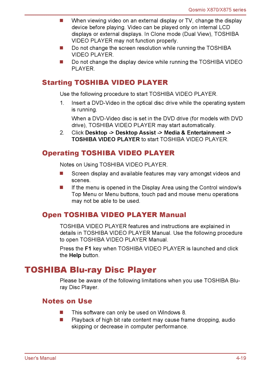 Toshiba X870, X875 user manual Toshiba Blu-ray Disc Player, Starting Toshiba Video Player, Operating Toshiba Video Player 