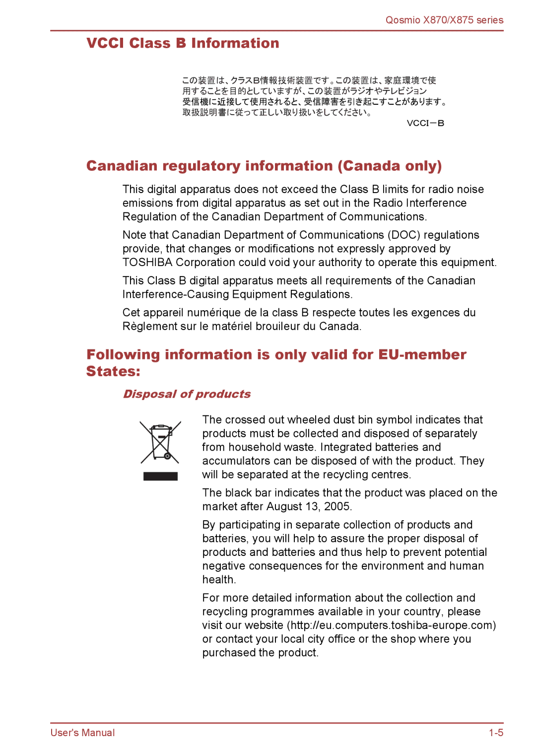 Toshiba X875, X870 user manual Vcci Class B Information, Canadian regulatory information Canada only, Disposal of products 