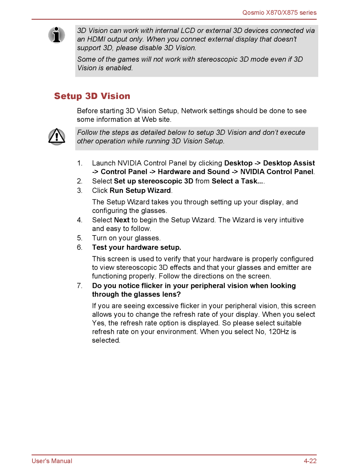 Toshiba X875, X870 user manual Setup 3D Vision, Test your hardware setup 