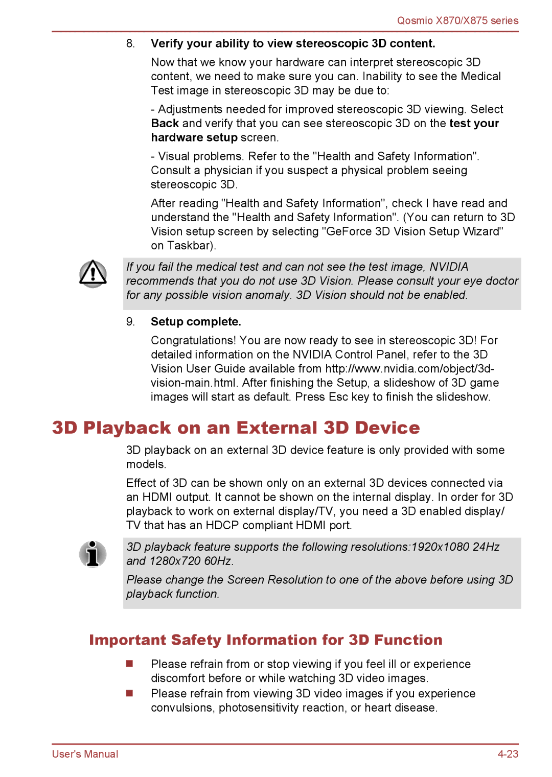 Toshiba X870, X875 3D Playback on an External 3D Device, Important Safety Information for 3D Function, Setup complete 