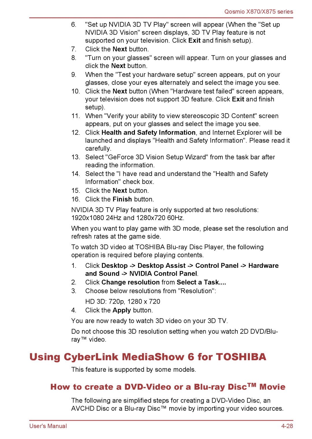 Toshiba X875, X870 user manual Using CyberLink MediaShow 6 for Toshiba, How to create a DVD-Video or a Blu-ray DiscTM Movie 