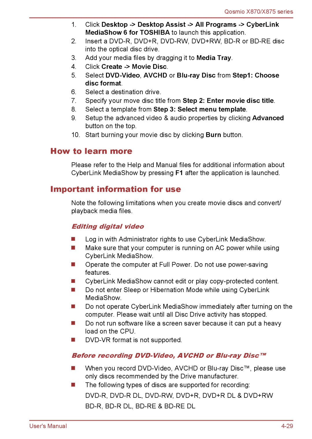 Toshiba X870, X875 user manual How to learn more, Important information for use, Select a template from Select menu template 