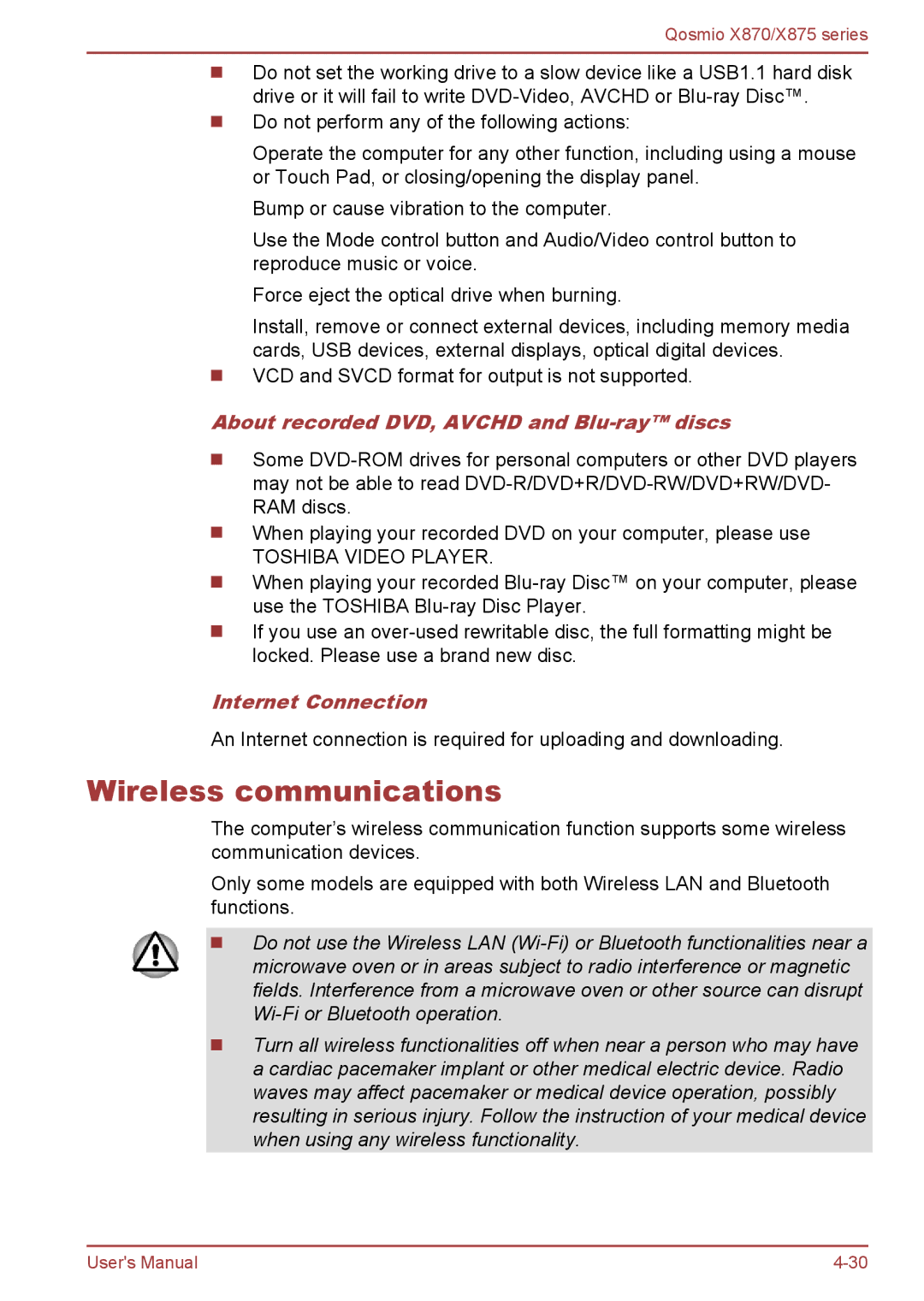 Toshiba X875, X870 user manual Wireless communications, About recorded DVD, Avchd and Blu-ray discs, Internet Connection 