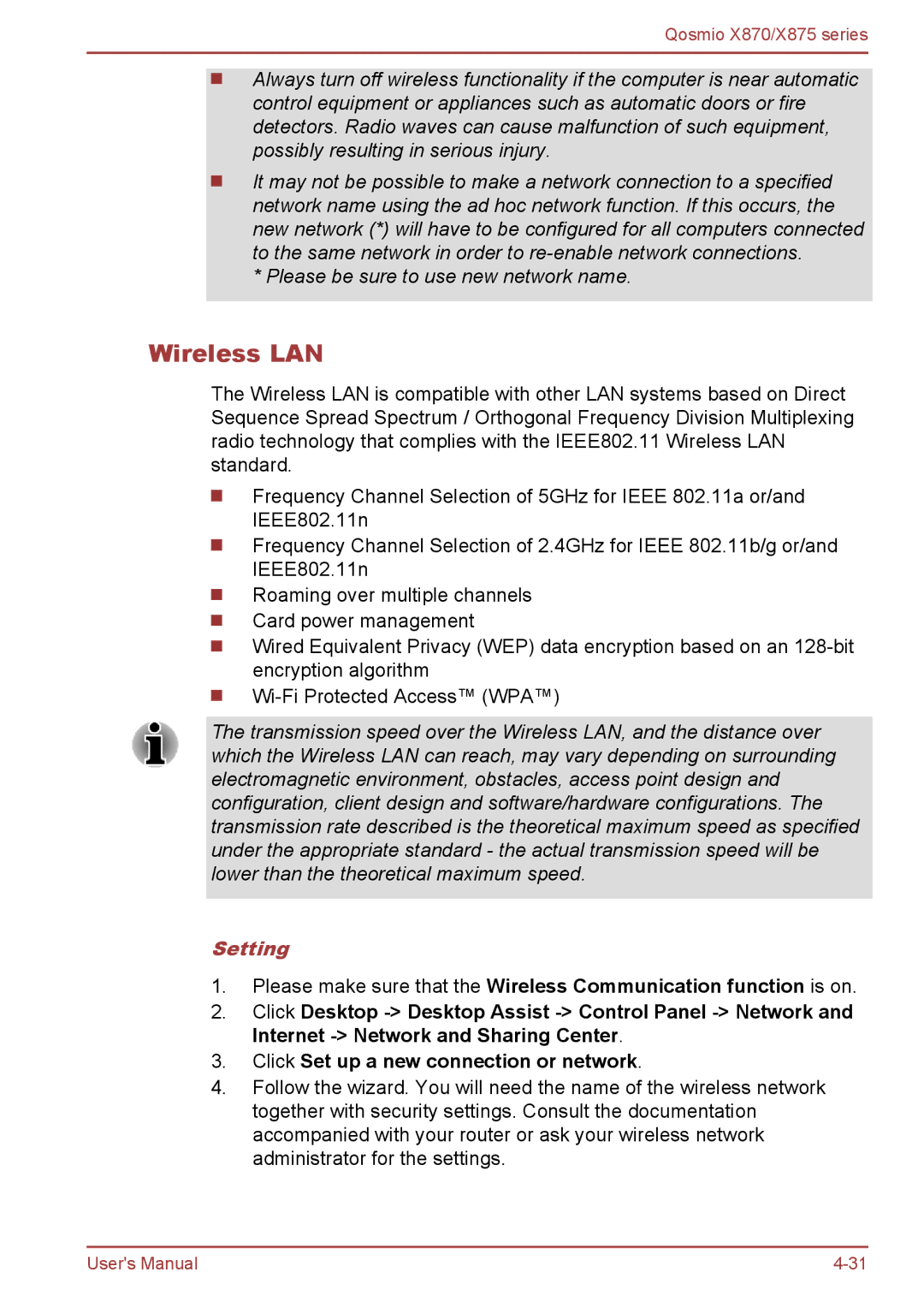 Toshiba X870, X875 user manual Wireless LAN, Setting 