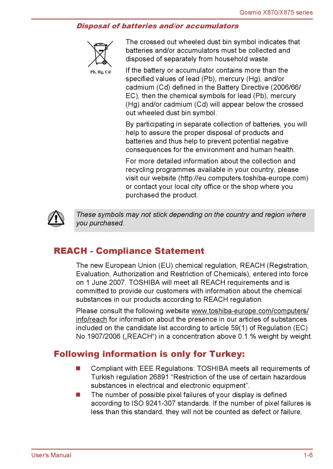 Toshiba X870, X875 user manual Reach Compliance Statement, Following information is only for Turkey 