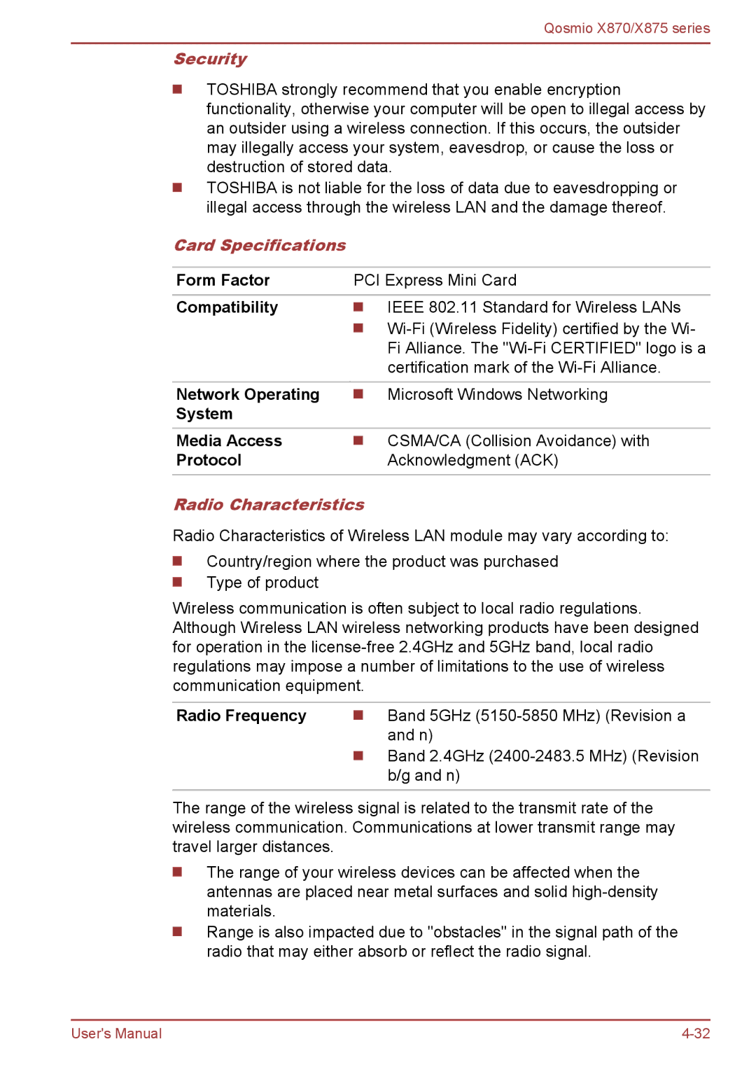 Toshiba X875, X870 user manual Security, Card Specifications, Radio Characteristics 