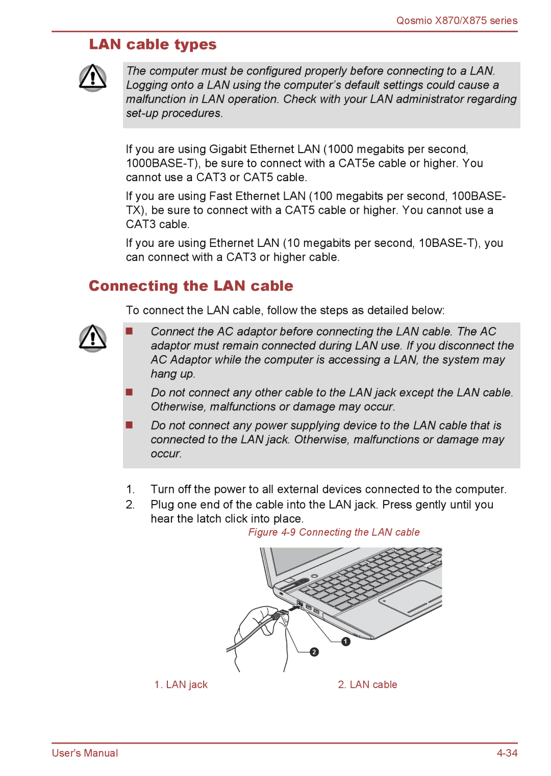 Toshiba X875, X870 user manual LAN cable types, Connecting the LAN cable 