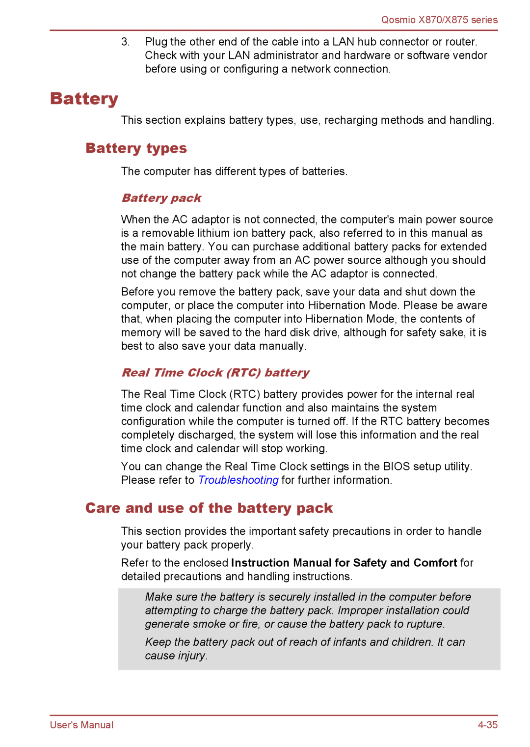 Toshiba X870, X875 Battery types, Care and use of the battery pack, Battery pack, Real Time Clock RTC battery 