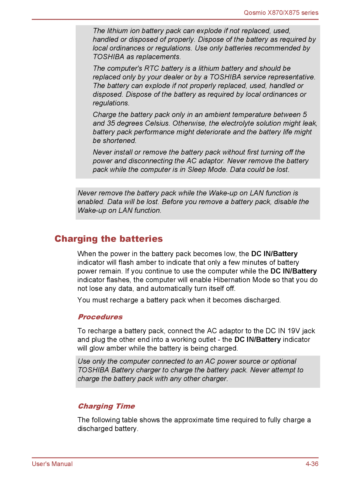 Toshiba X875, X870 user manual Charging the batteries, Procedures, Charging Time 