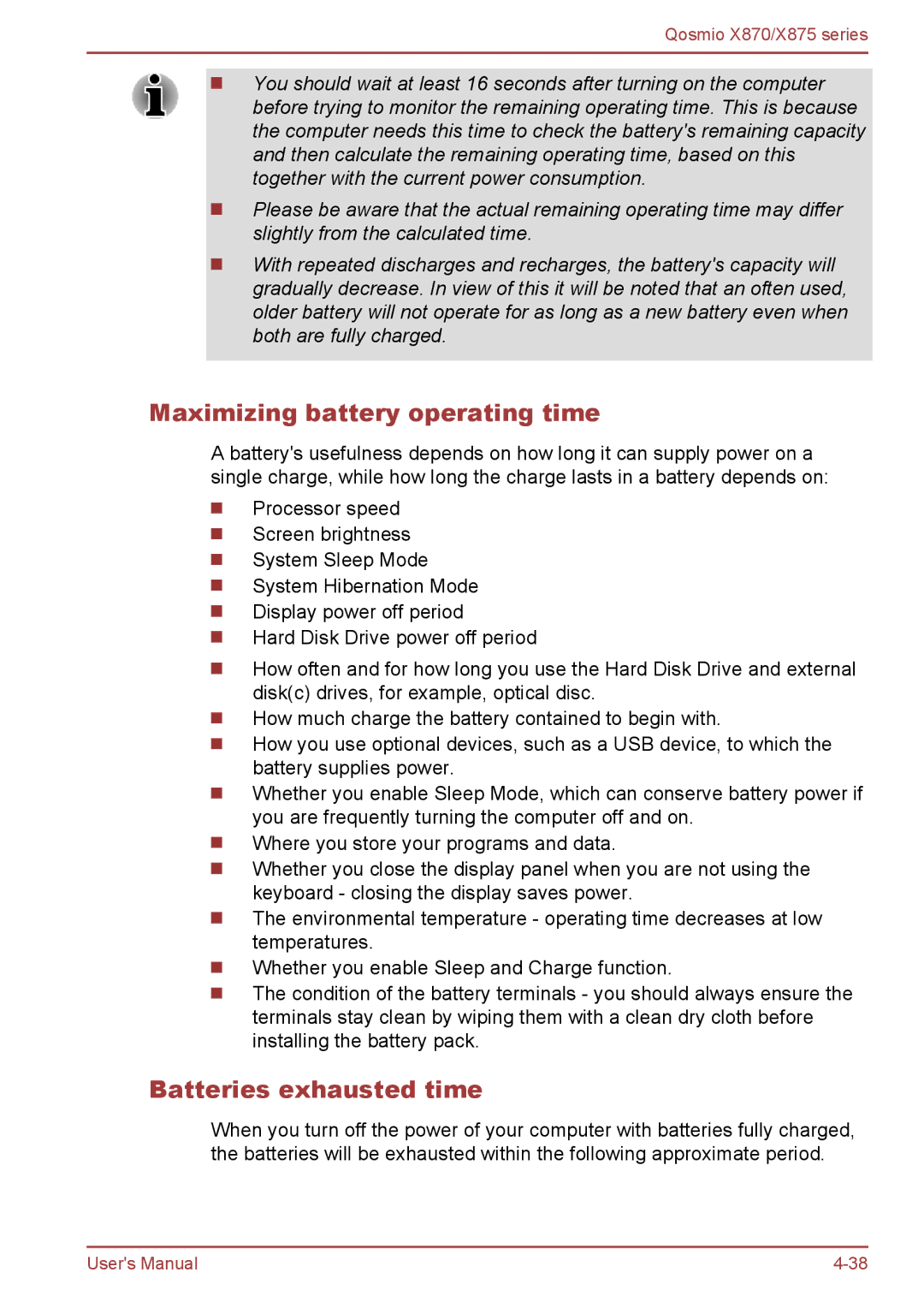 Toshiba X875, X870 user manual Maximizing battery operating time, Batteries exhausted time 