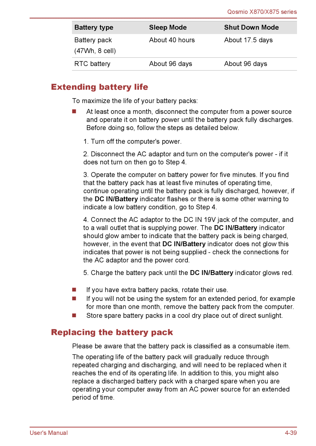 Toshiba X870, X875 user manual Extending battery life, Replacing the battery pack, Battery type Sleep Mode Shut Down Mode 