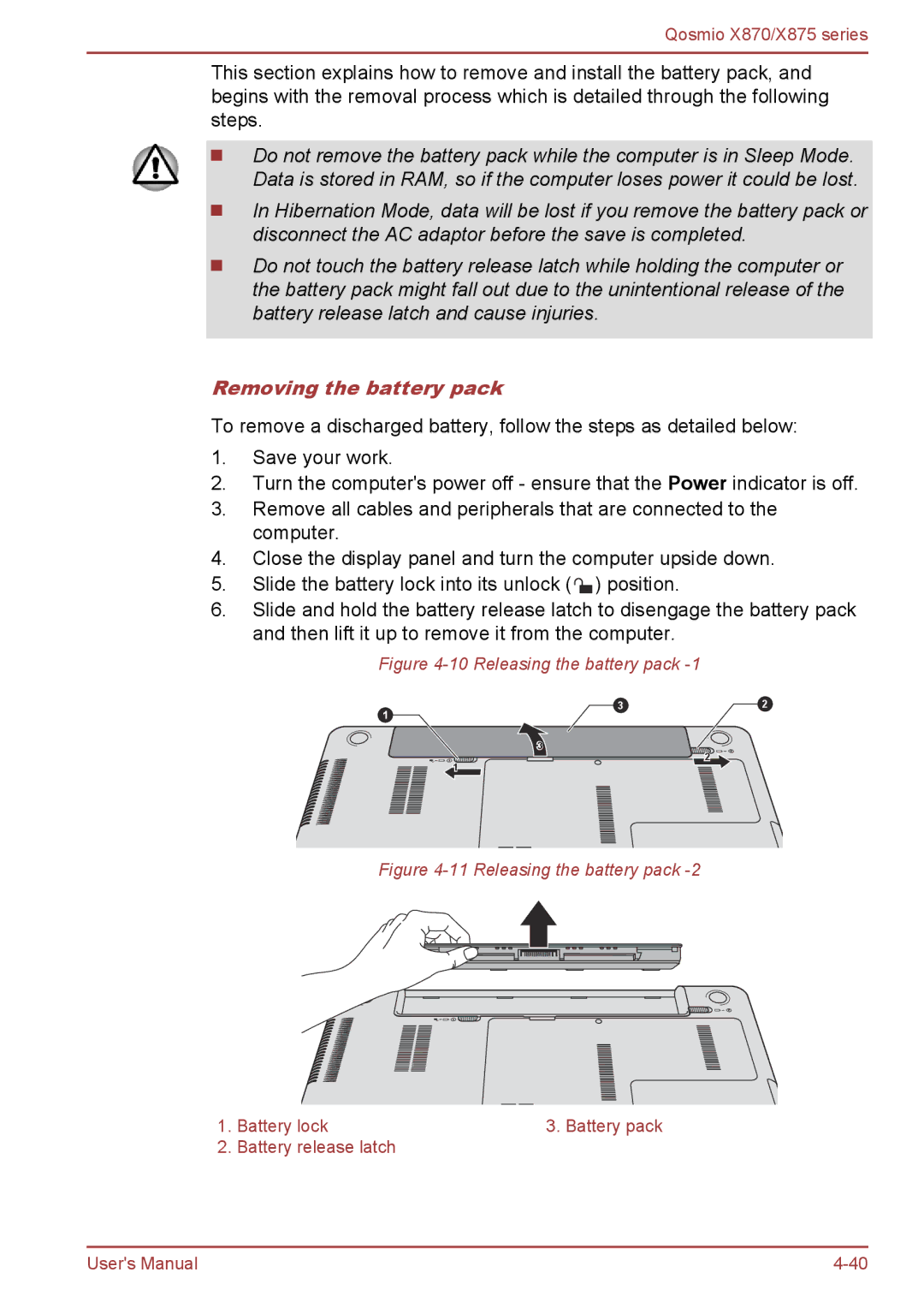 Toshiba X875, X870 user manual Removing the battery pack, Releasing the battery pack 