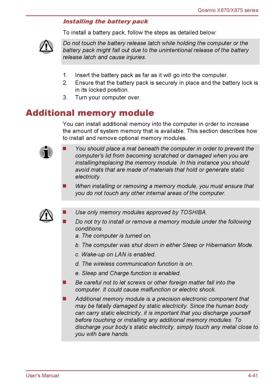 Toshiba X870, X875 user manual Additional memory module, Installing the battery pack 