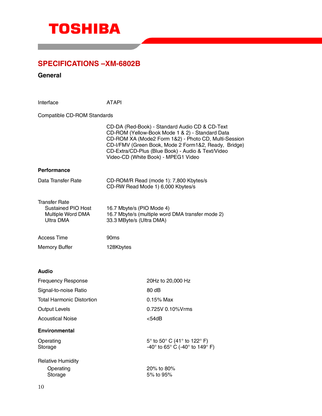 Toshiba user manual Specifications -XM-6802B, Performance, Audio, Environmental 