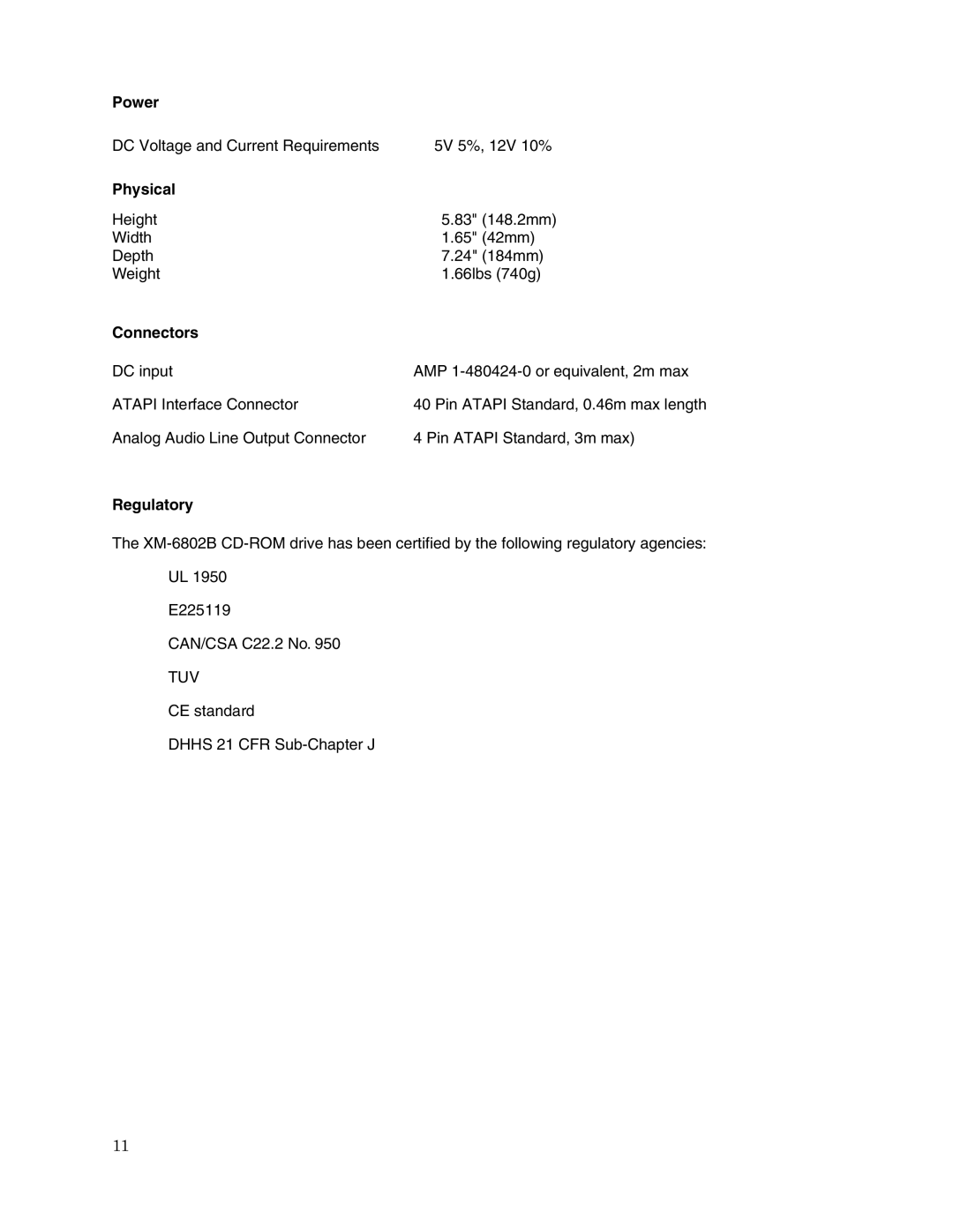 Toshiba XM-6802B user manual Power, Physical, Connectors, Regulatory 