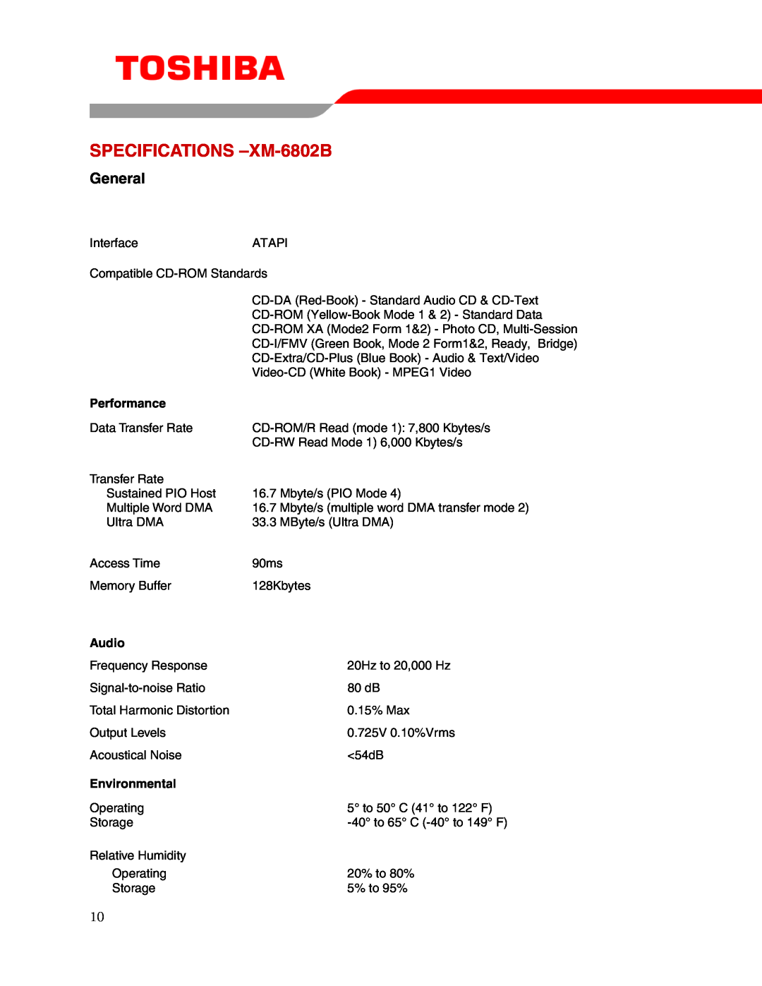 Toshiba user manual SPECIFICATIONS -XM-6802B, General, Performance, Audio, Environmental 