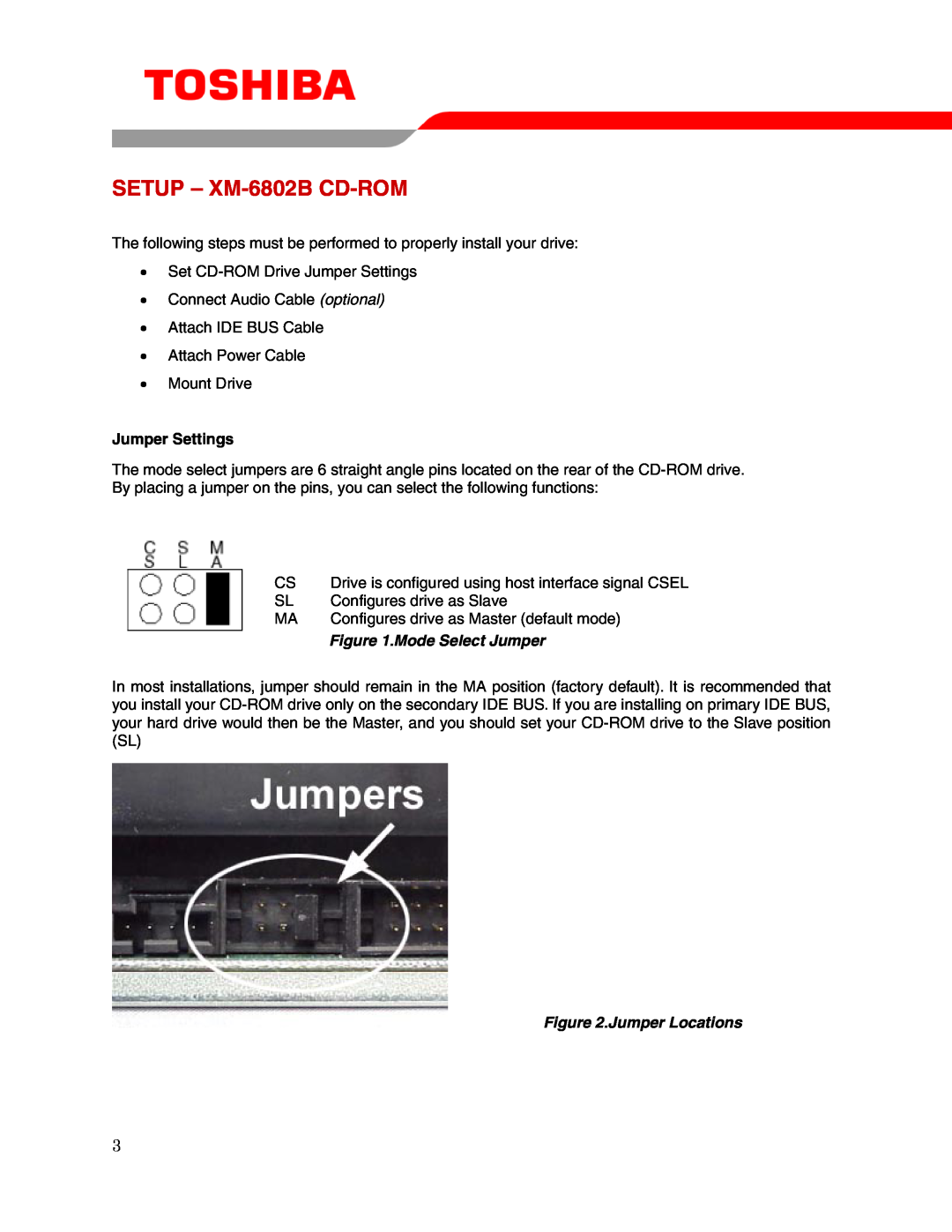 Toshiba user manual SETUP - XM-6802B CD-ROM, Jumper Settings, Mode Select Jumper, Jumper Locations 