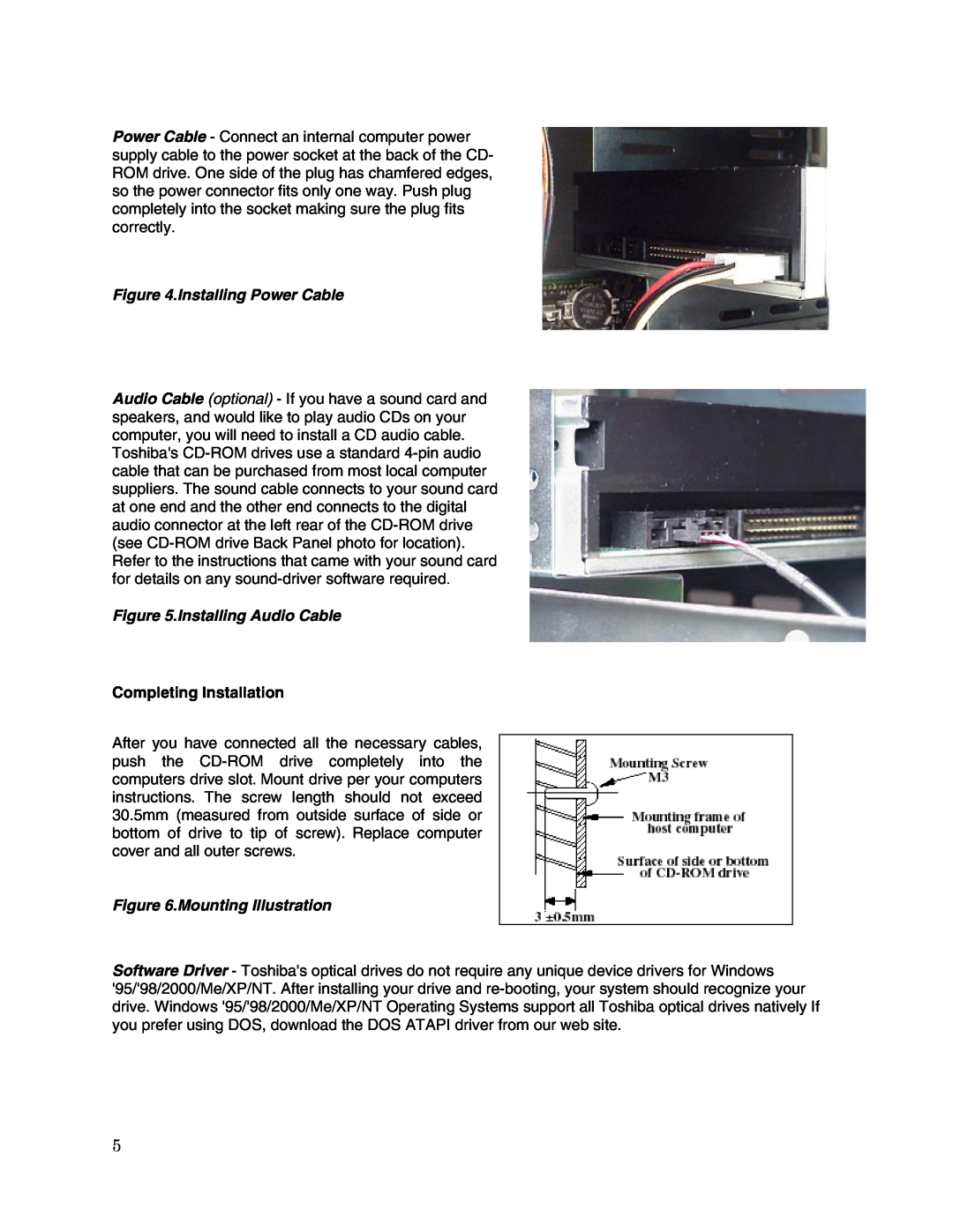 Toshiba XM-6802B user manual Installing Power Cable, Installing Audio Cable, Completing Installation, Mounting Illustration 