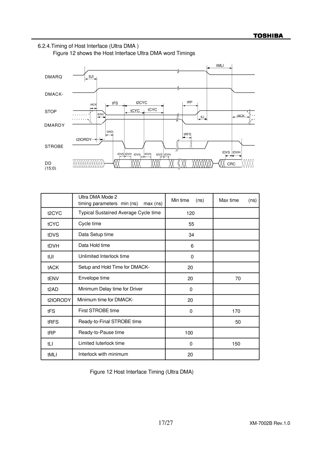 Toshiba XM-7002B specifications 17/27, Timing of Host Interface Ultra DMA 