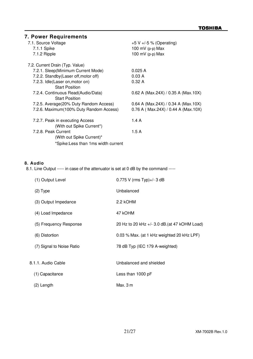 Toshiba XM-7002B specifications 21/27, Audio 