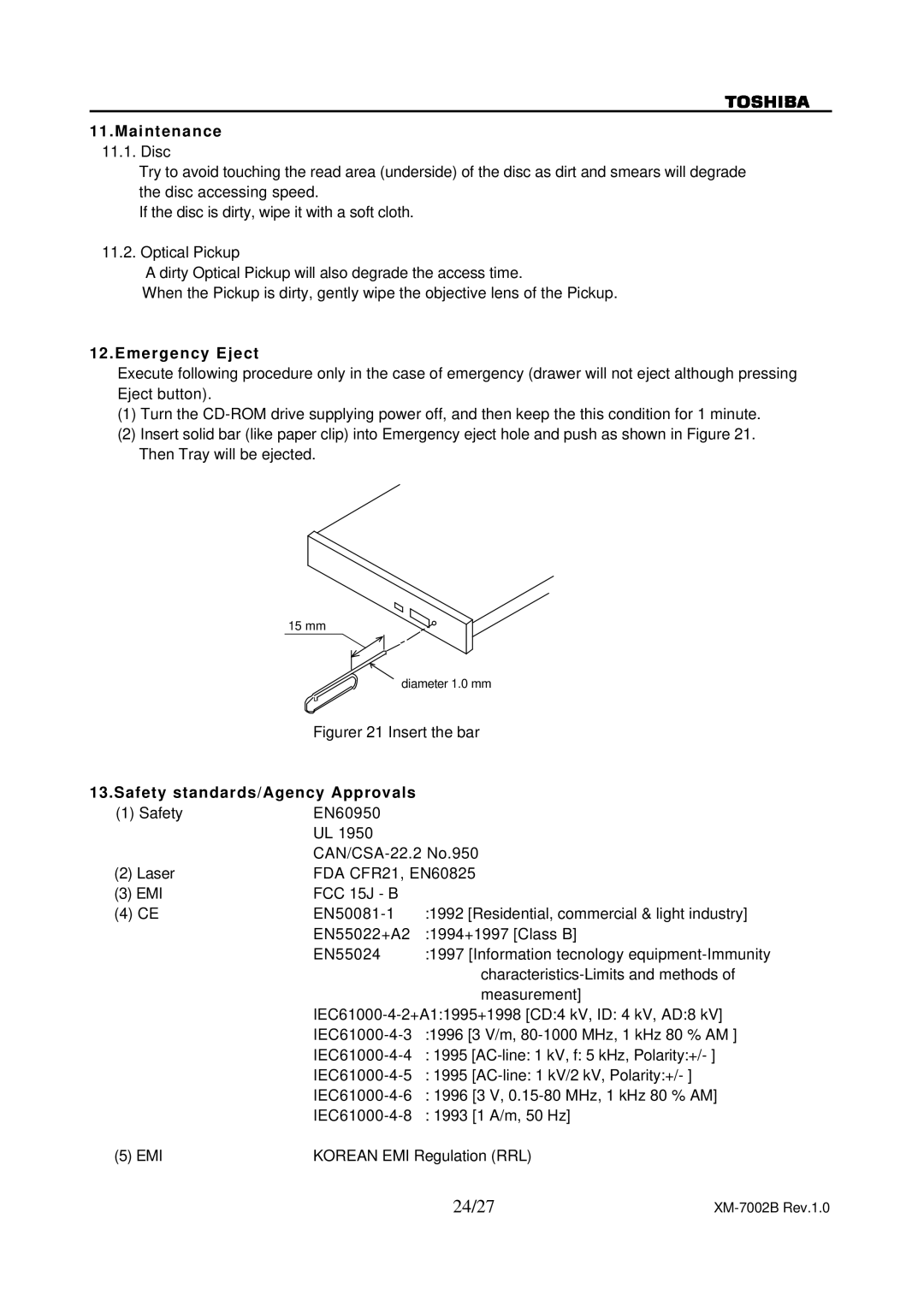 Toshiba XM-7002B specifications 24/27, Maintenance, Emergency Eject, Safety standards/Agency Approvals 