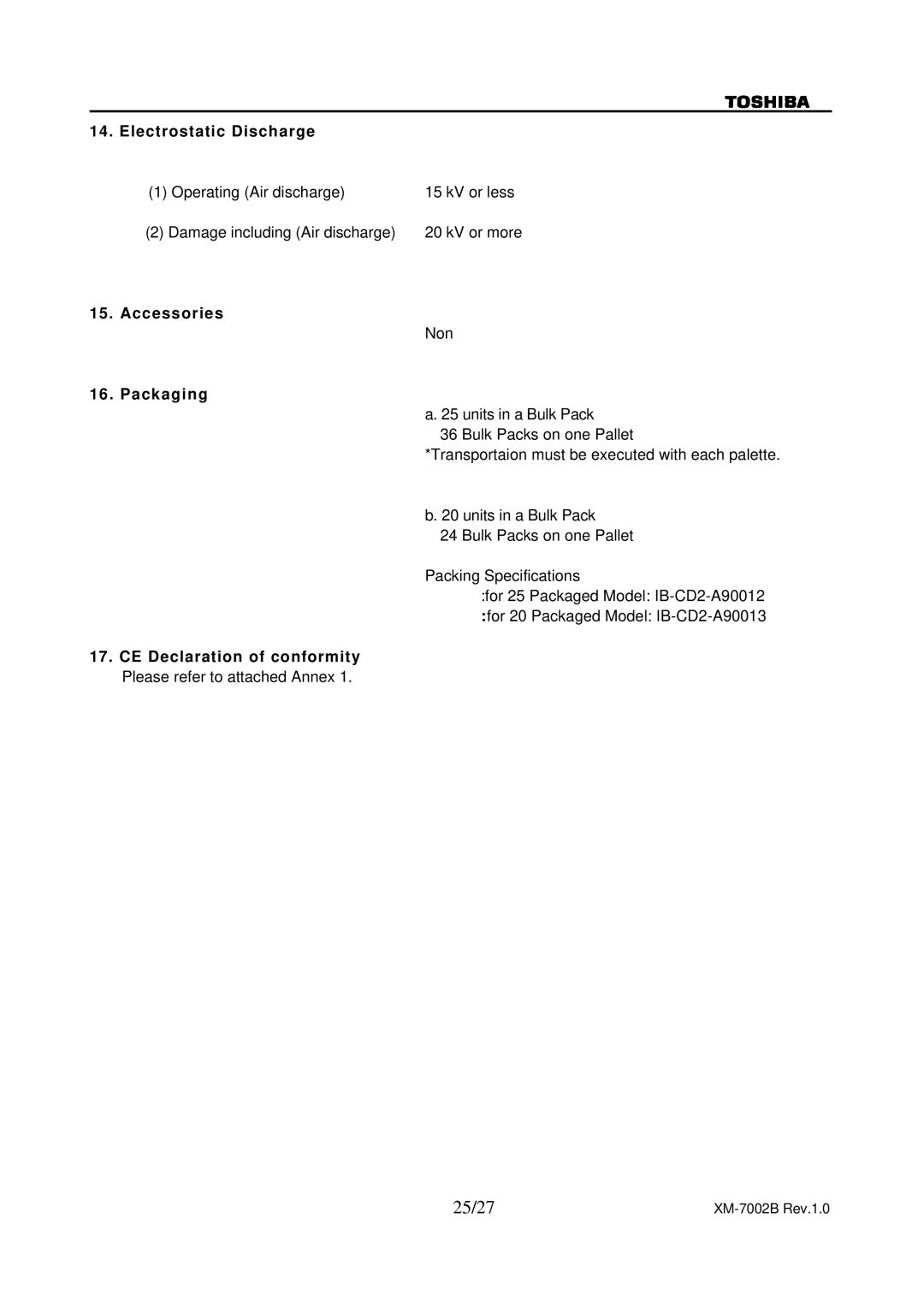 Toshiba XM-7002B specifications 25/27, Electrostatic Discharge, Accessories, Packaging, CE Declaration of conformity 