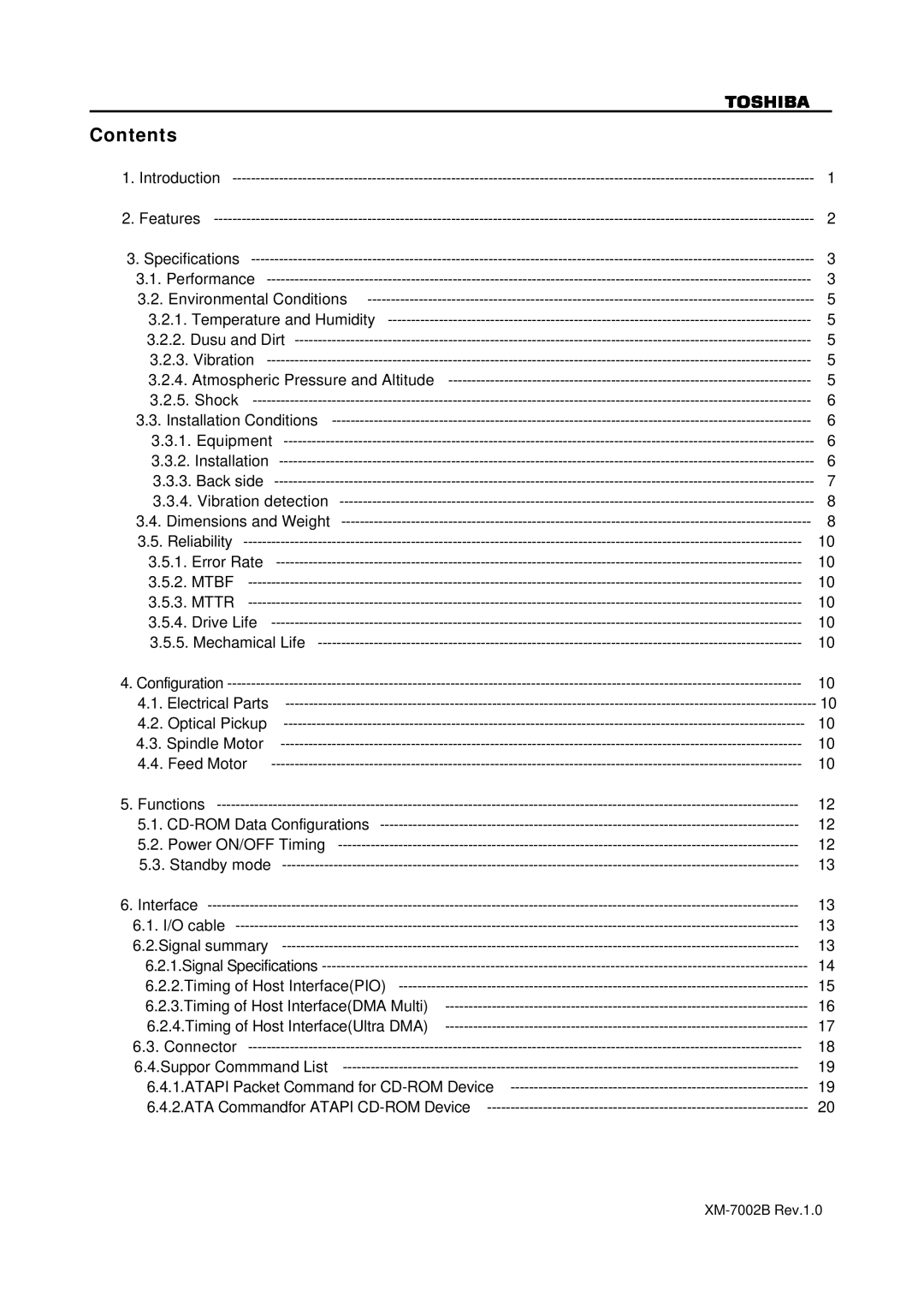 Toshiba XM-7002B specifications Contents 