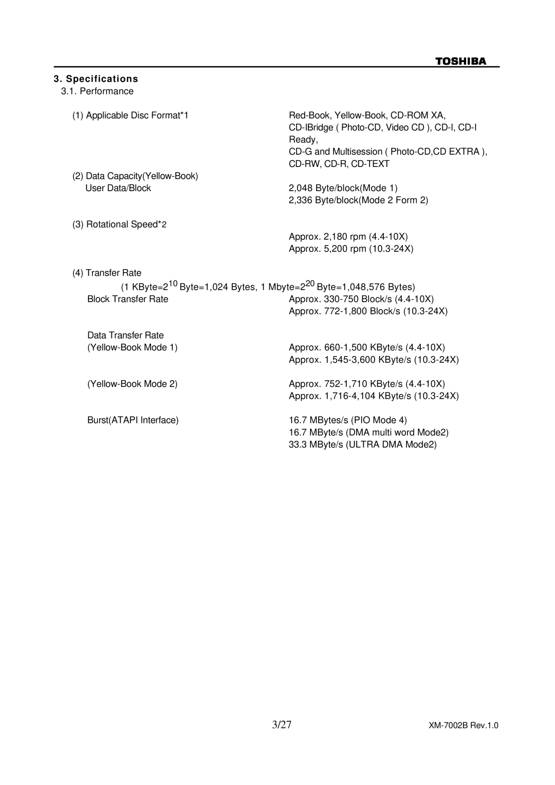 Toshiba XM-7002B specifications Specifications, Cd-Rw, Cd-R, Cd-Text 