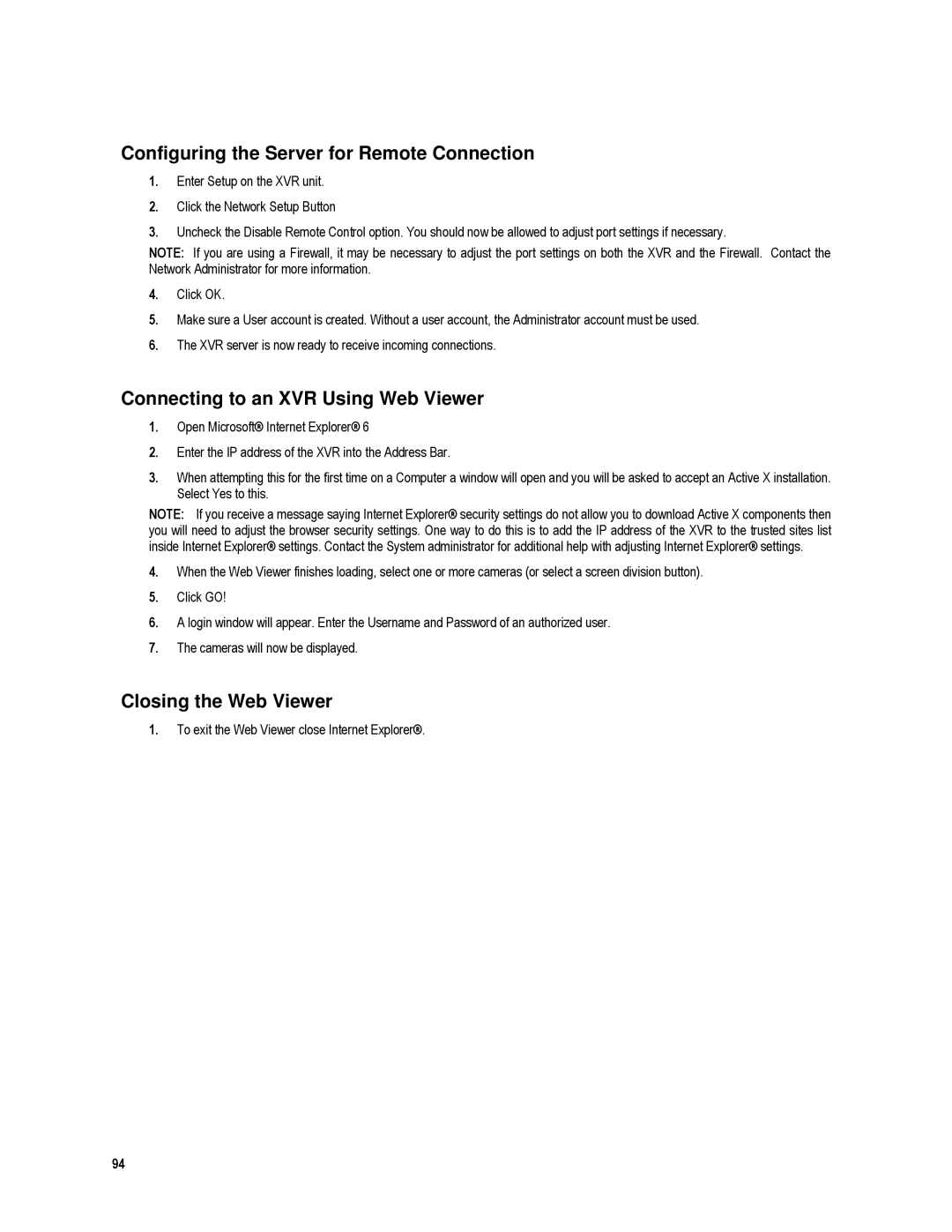 Toshiba XVR16-120-X, XVR4-120-X Configuring the Server for Remote Connection, Connecting to an XVR Using Web Viewer 