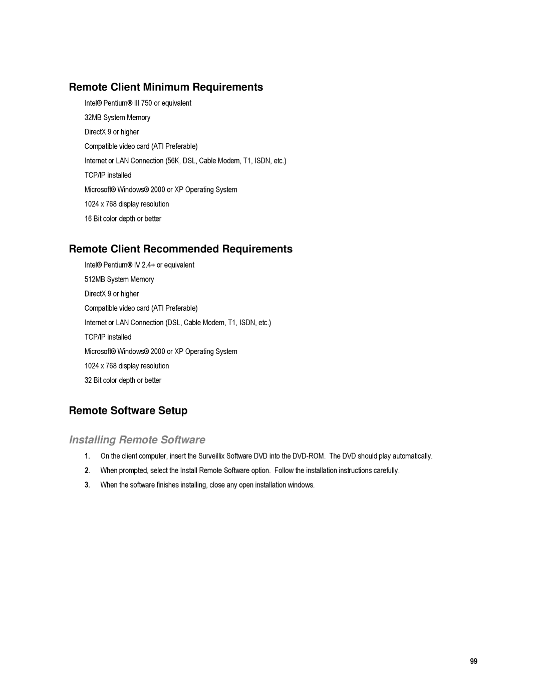 Toshiba XVR4-120-X Remote Client Minimum Requirements, Remote Client Recommended Requirements, Remote Software Setup 