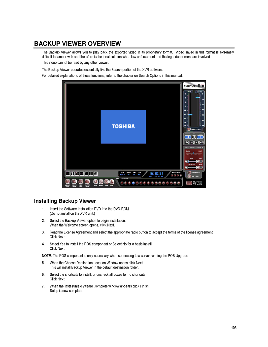 Toshiba XVR4-120-X, XVR16-120-X user manual Backup Viewer Overview, Installing Backup Viewer 