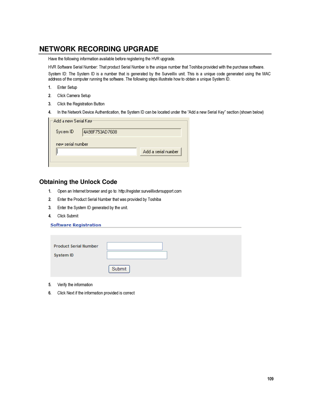 Toshiba XVR4-120-X, XVR16-120-X user manual Network Recording Upgrade, Obtaining the Unlock Code 