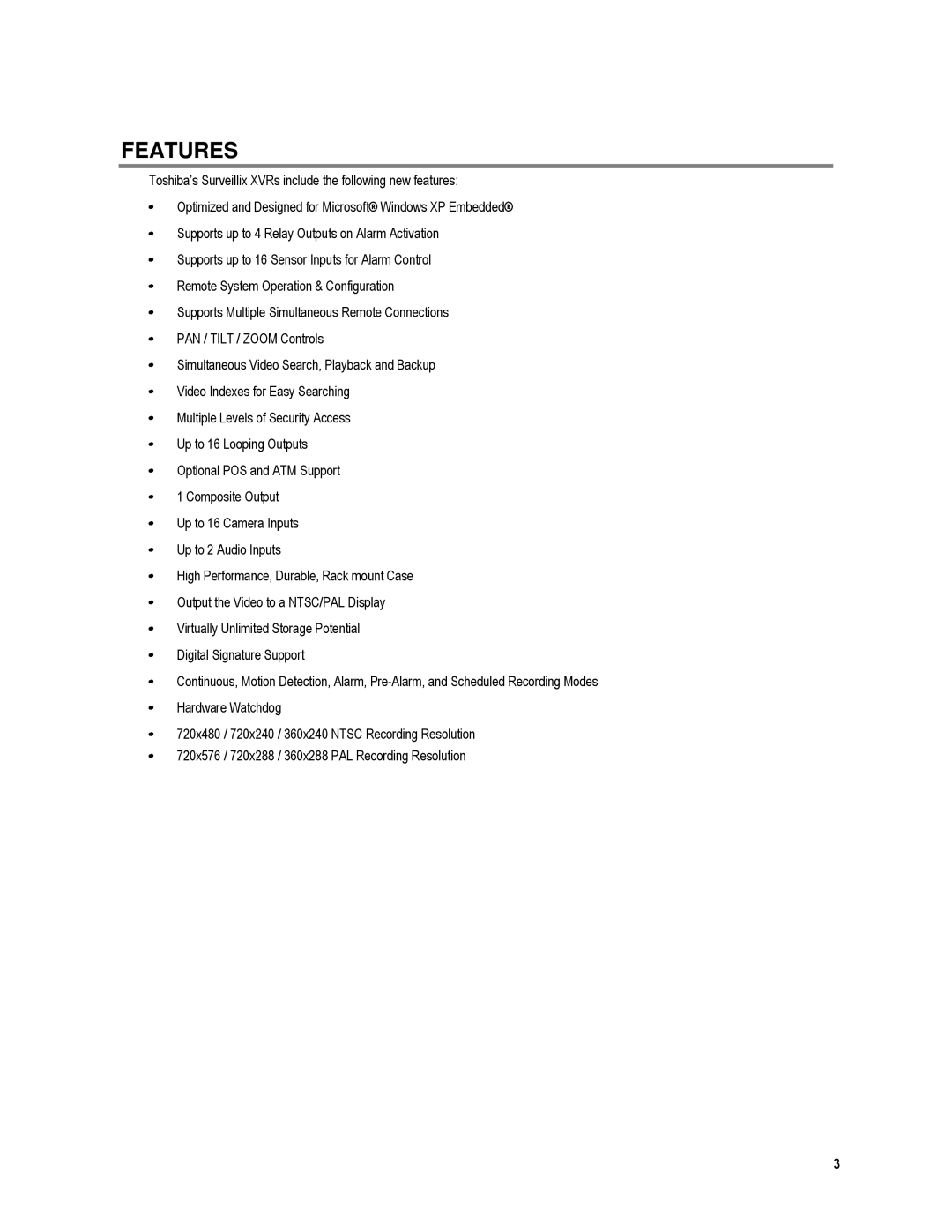 Toshiba XVR4-120-X, XVR16-120-X user manual Features 