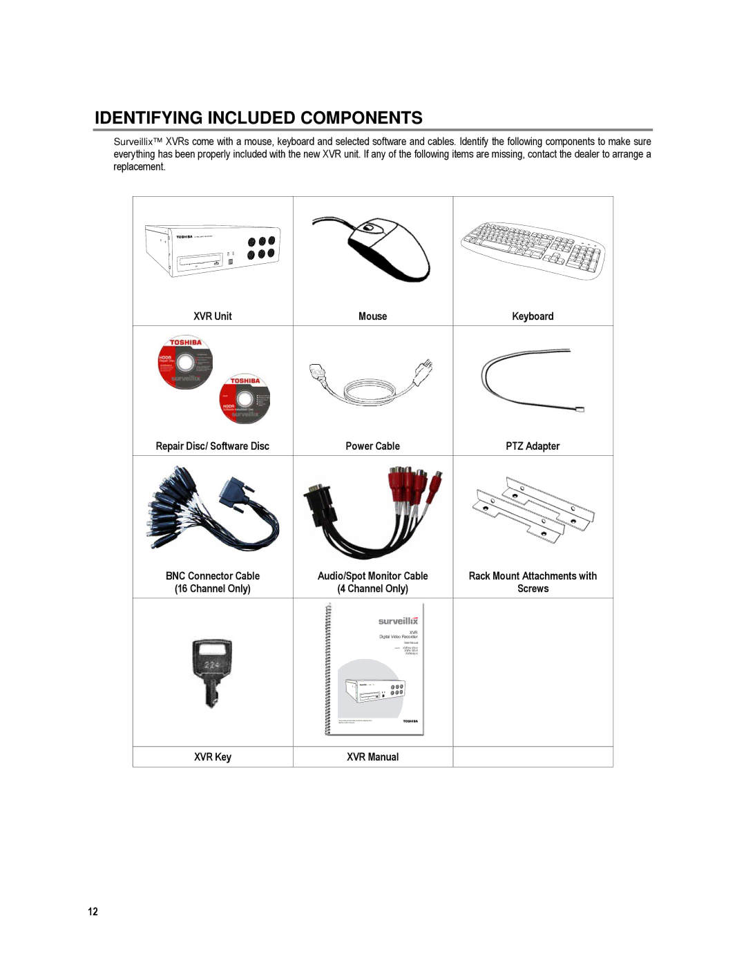 Toshiba XVR16-120-X user manual Identifying Included Components, Repair Disc/ Software Disc Power Cable, XVR Key XVR Manual 