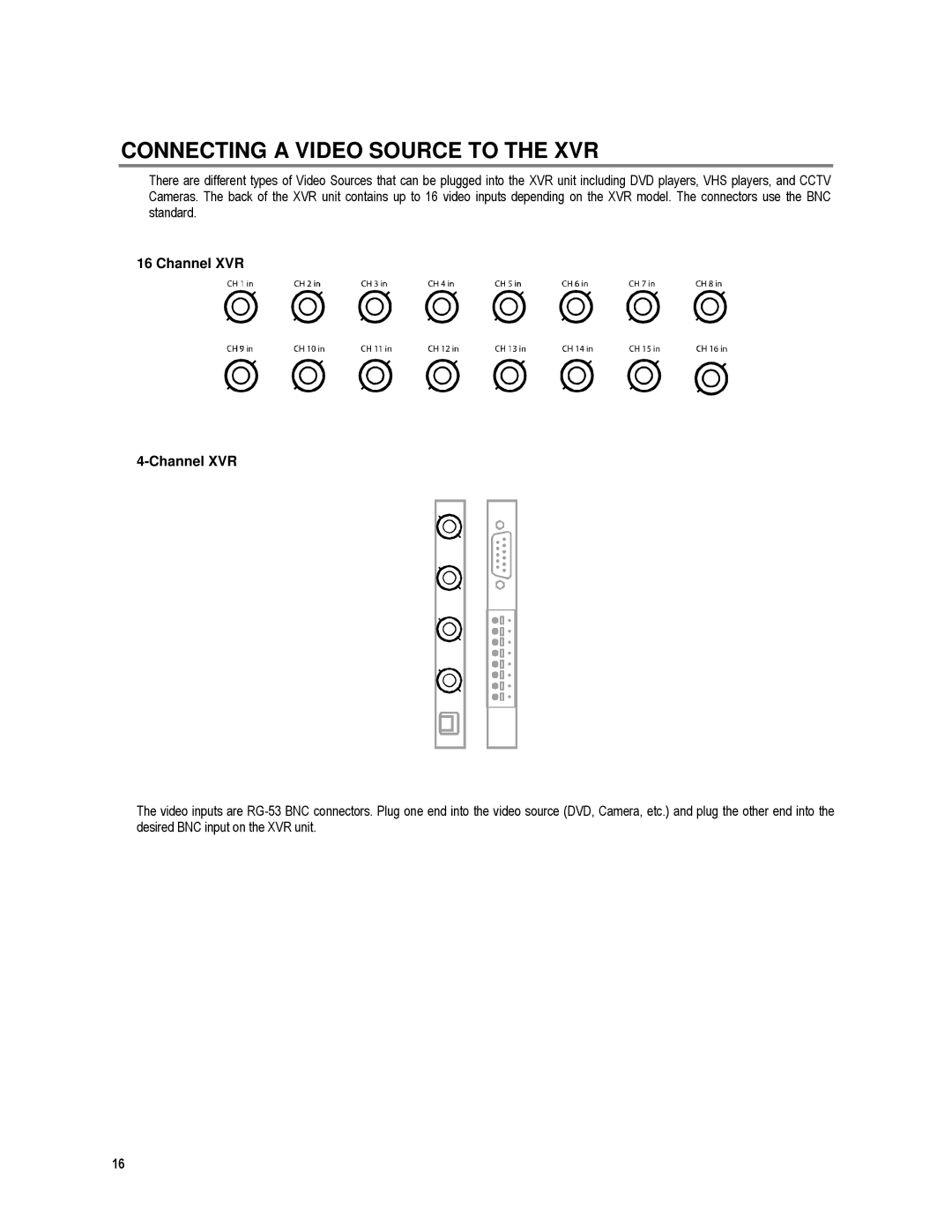 Toshiba XVR16-120-X, XVR4-120-X user manual Connecting a Video Source to the XVR, Channel XVR 