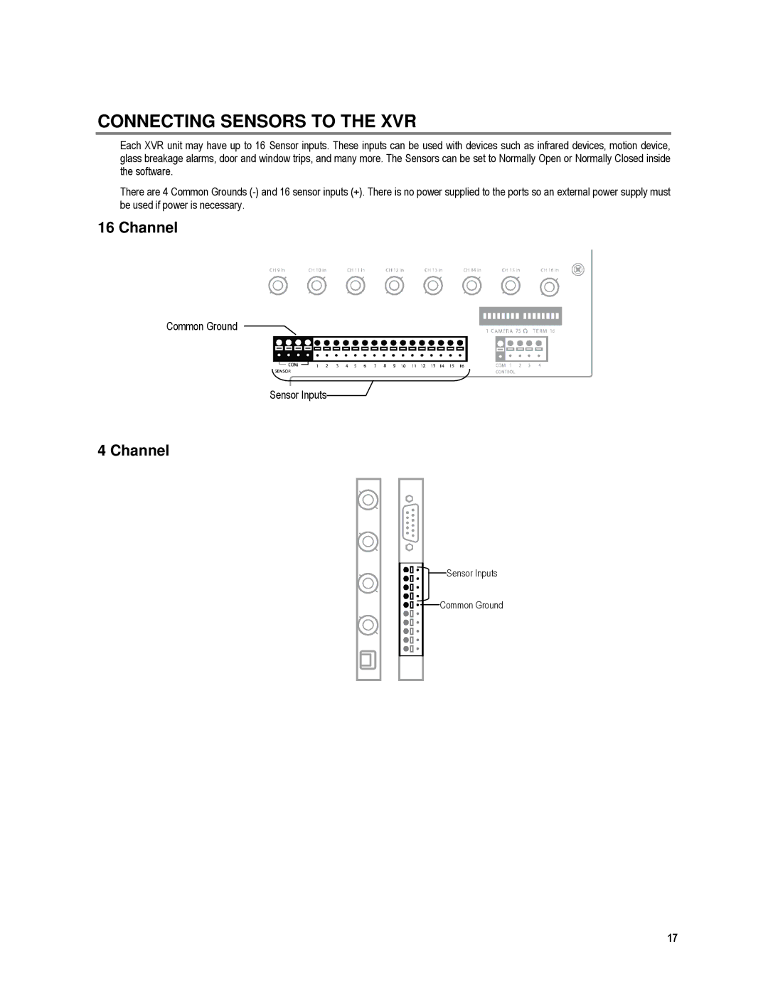 Toshiba XVR4-120-X, XVR16-120-X user manual Connecting Sensors to the XVR, Common Ground Sensor Inputs 