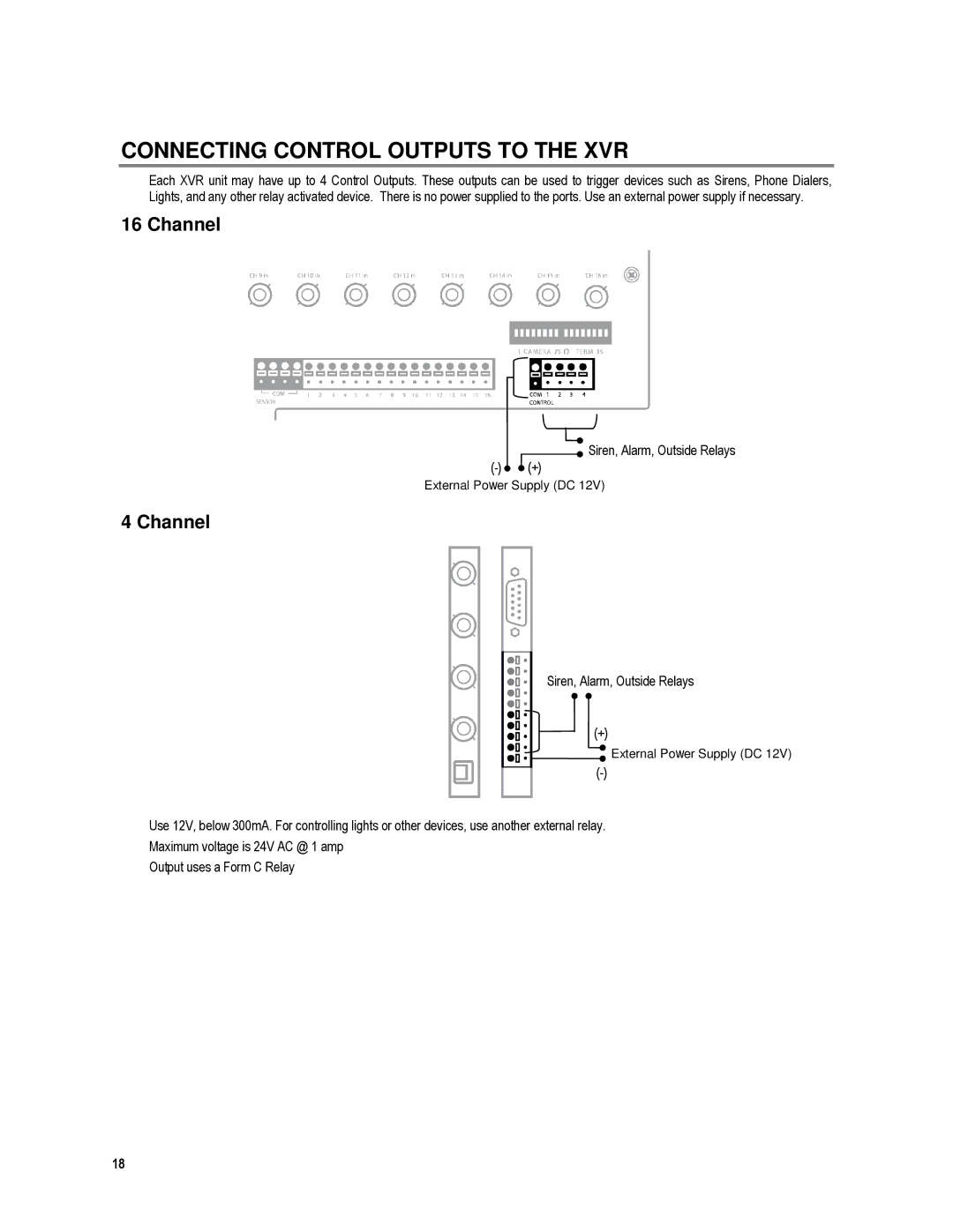 Toshiba XVR16-120-X, XVR4-120-X user manual Connecting Control Outputs to the XVR, Siren, Alarm, Outside Relays 