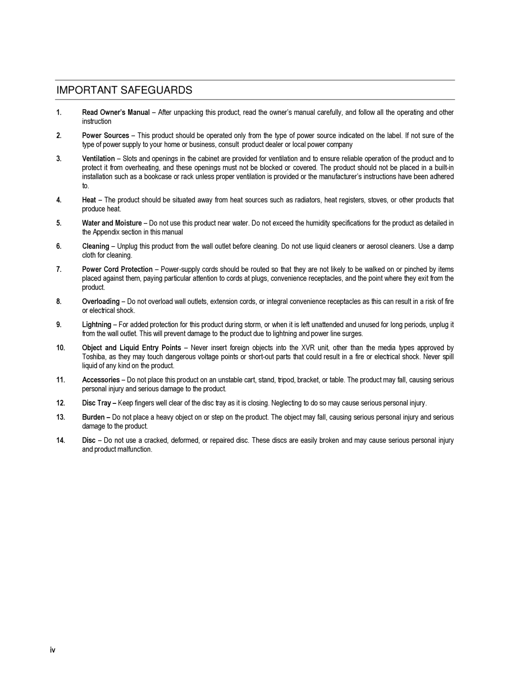 Toshiba XVR16-120-X, XVR4-120-X user manual Important Safeguards 