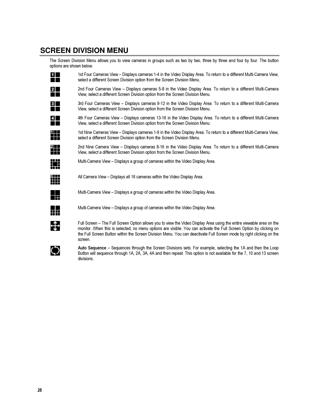 Toshiba XVR16-120-X, XVR4-120-X user manual Screen Division Menu 