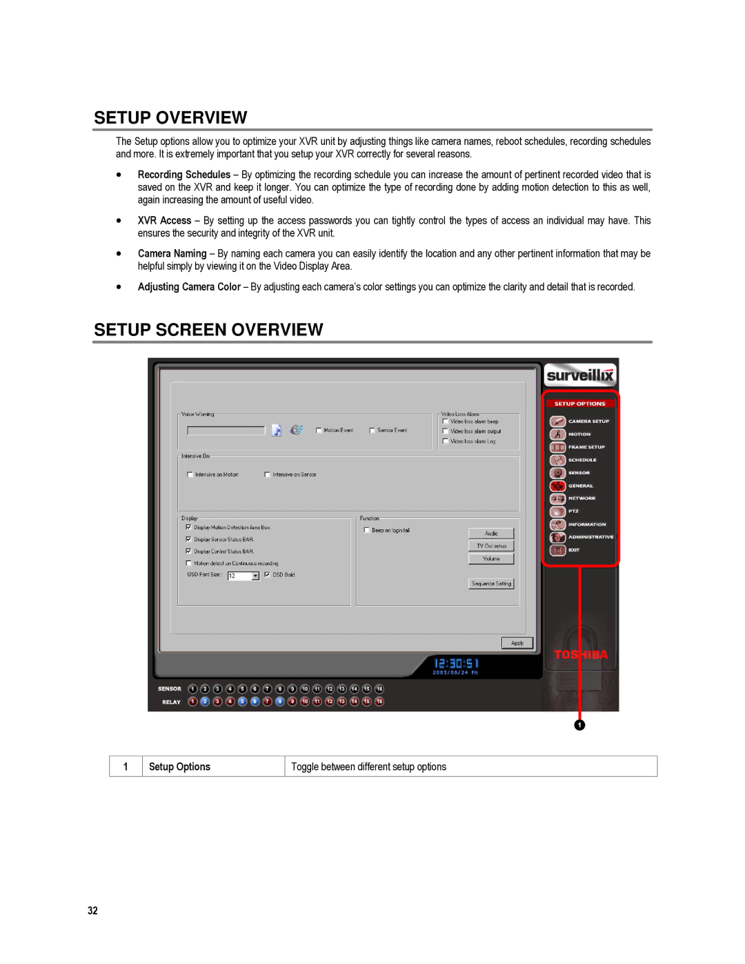 Toshiba XVR16-120-X user manual Setup Overview, Setup Screen Overview, Setup Options Toggle between different setup options 