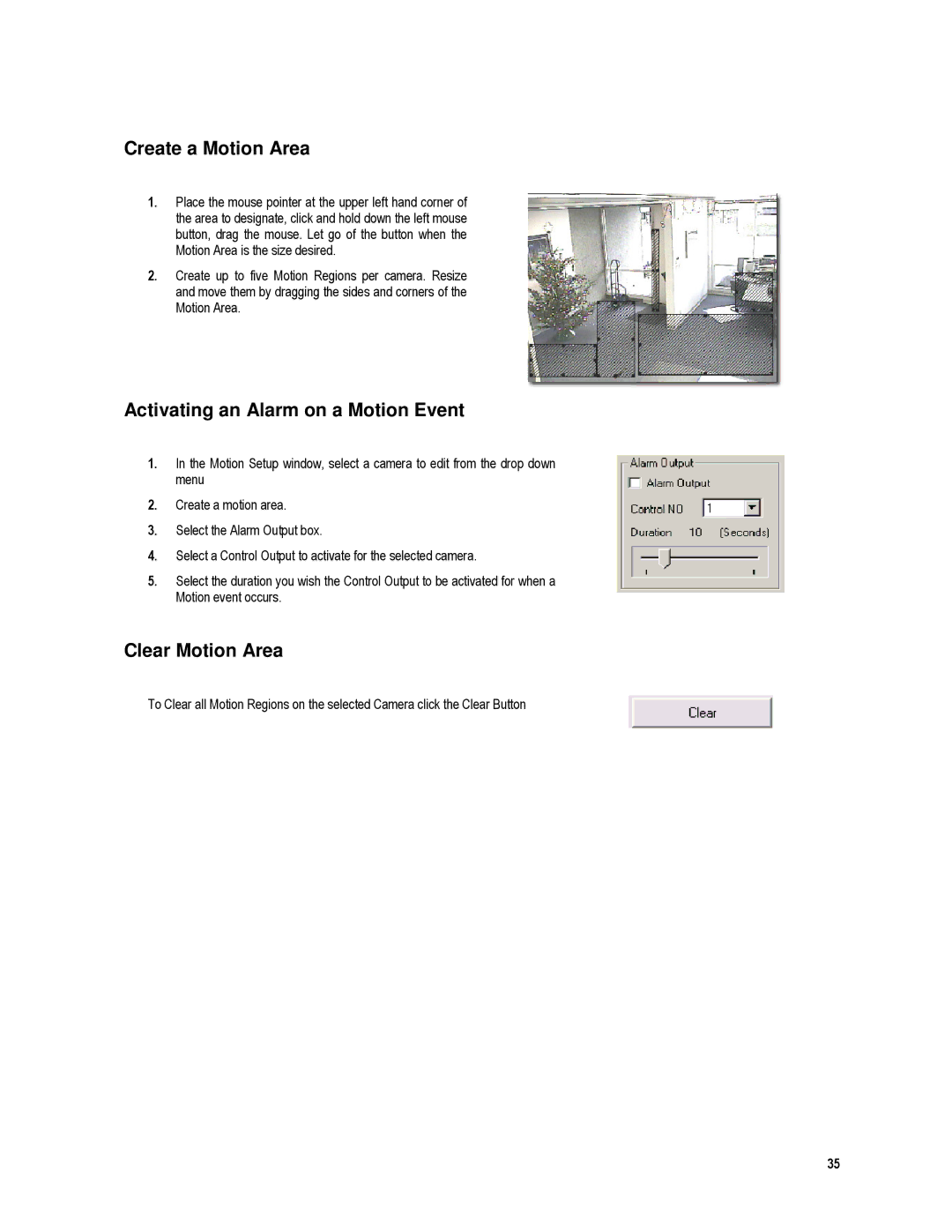 Toshiba XVR4-120-X, XVR16-120-X user manual Create a Motion Area, Activating an Alarm on a Motion Event, Clear Motion Area 