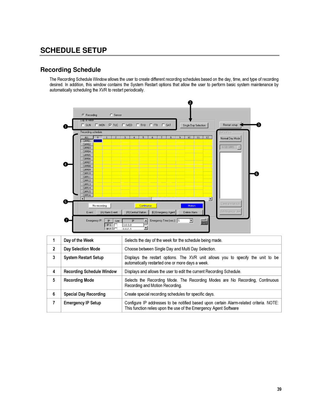 Toshiba XVR4-120-X Schedule Setup, Recording Schedule, Automatically restarted one or more days a week, Recording Mode 