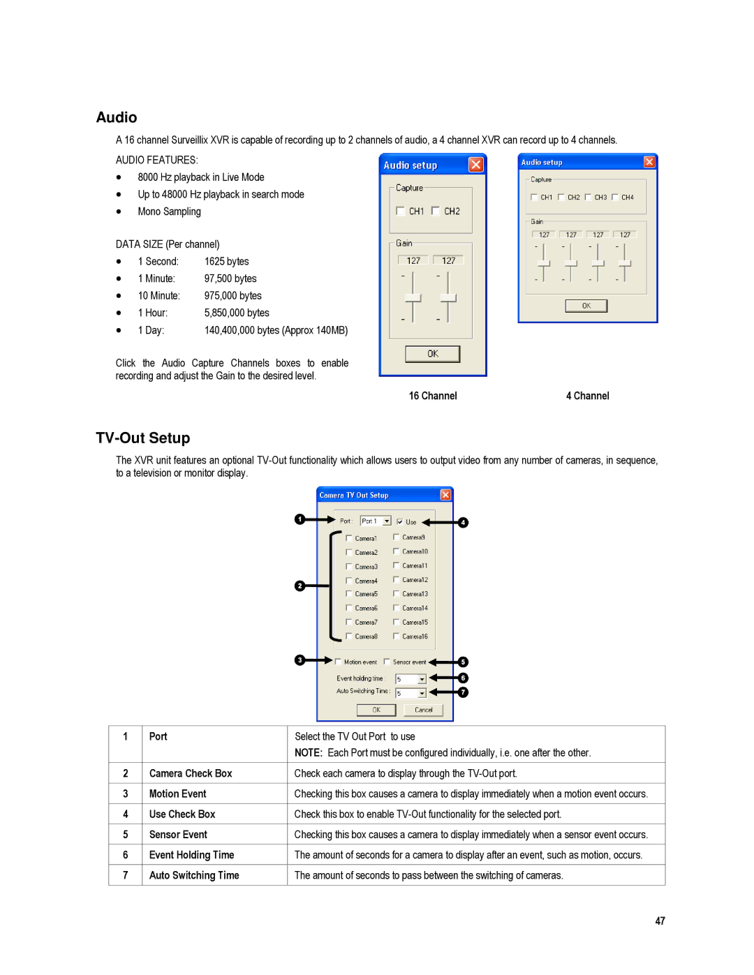 Toshiba XVR4-120-X, XVR16-120-X user manual Audio, TV-Out Setup, Channel, Event Holding Time 