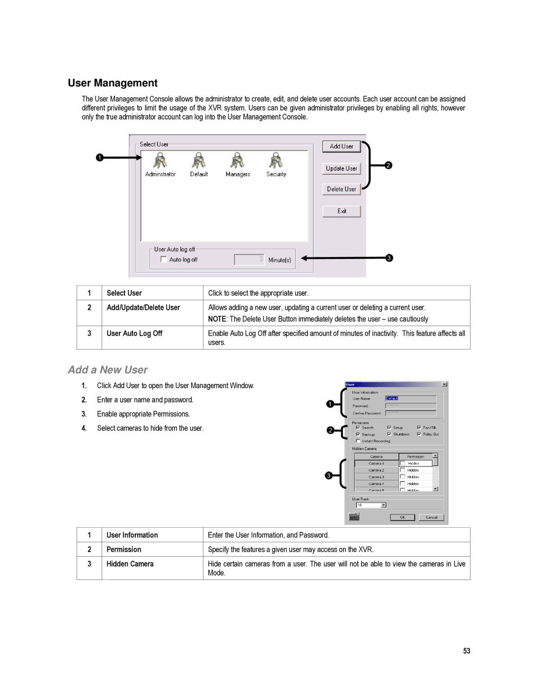 Toshiba XVR4-120-X, XVR16-120-X user manual User Management, User Auto Log Off, Mode 