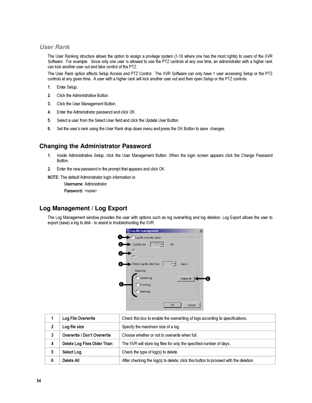 Toshiba XVR16-120-X, XVR4-120-X user manual Changing the Administrator Password, Log Management / Log Export 