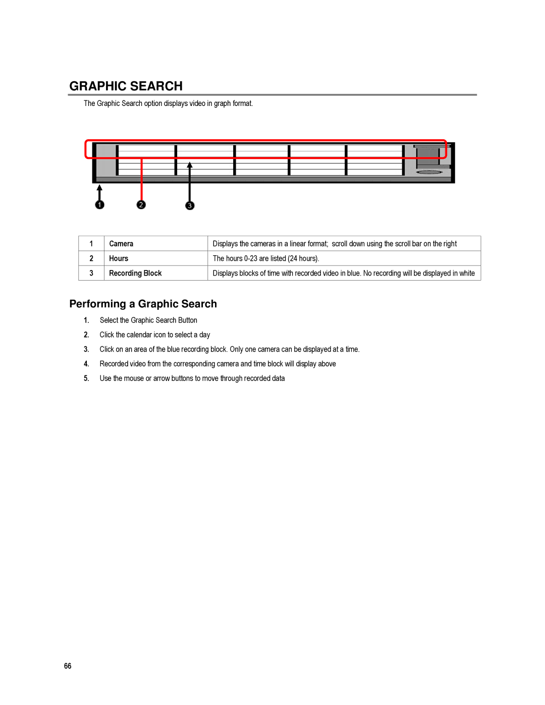 Toshiba XVR16-120-X Performing a Graphic Search, Graphic Search option displays video in graph format Camera 