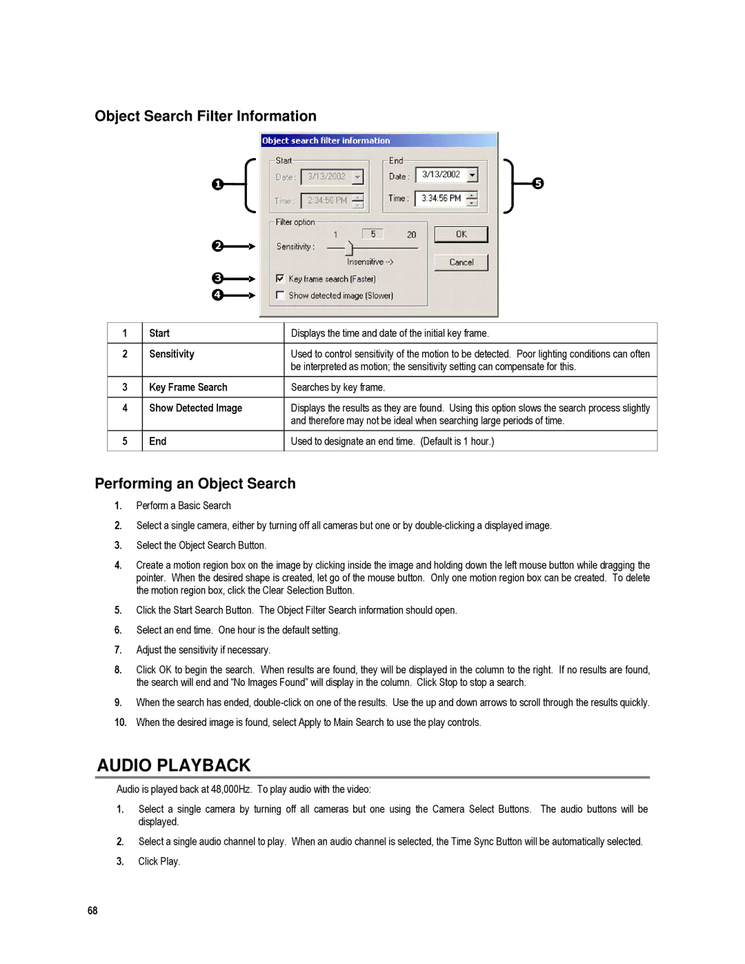 Toshiba XVR16-120-X, XVR4-120-X user manual Audio Playback, Object Search Filter Information, Performing an Object Search 