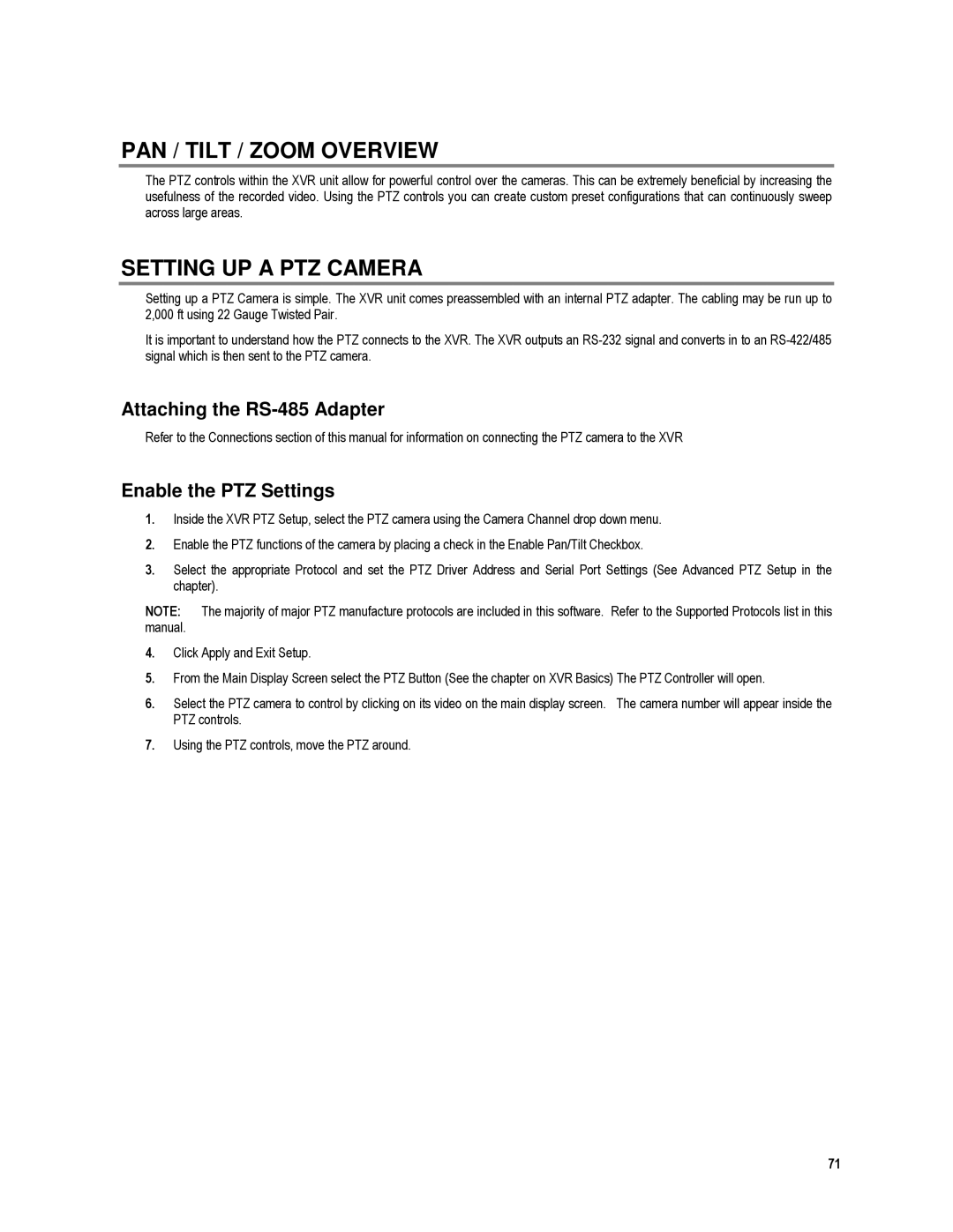 Toshiba XVR4-120-X, XVR16-120-X user manual PAN / Tilt / Zoom Overview, Setting UP a PTZ Camera, Enable the PTZ Settings 